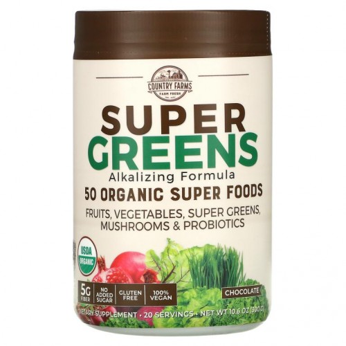 Country Farms, 슈퍼 그린스, 알칼리성 포뮬라, 초콜릿, 300g(10.6oz)