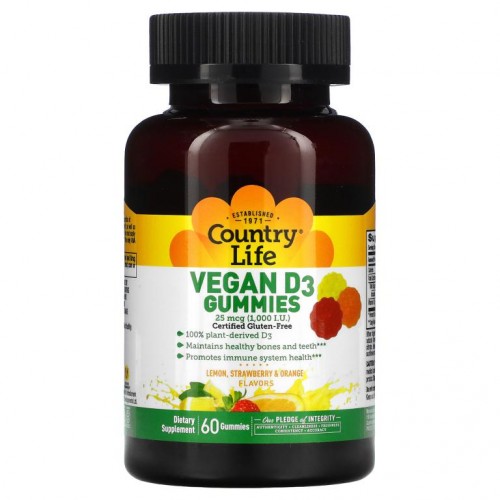 Country Life, 비건 D3 구미젤리, 레몬, 딸기 및 오렌지 맛, 25mcg(1,000IU), 구미젤리 60개