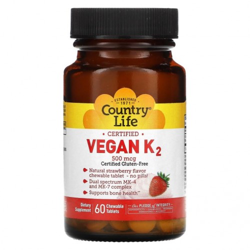 Country Life, 비건 인증 K2, 딸기, 500mg, 츄어블 60정