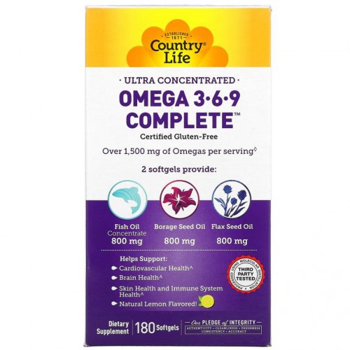 Country Life, Omega 3-6-9 Complete, 고농축, 천연 레몬, 소프트젤 180정
