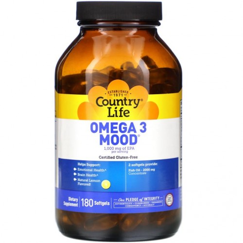 Country Life, Omega 3 Mood, 천연 레몬 맛, 소프트젤 180정