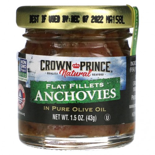 Crown Prince Natural, 멸치, 납작하게 저민 살코기, 퓨어 올리브 오일 함유, 43g(1.5oz)