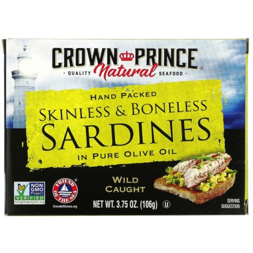 Crown Prince Natural, 껍질 및 뼈 제거 정어리, 순수 올리브오일, 106g(3.75oz)