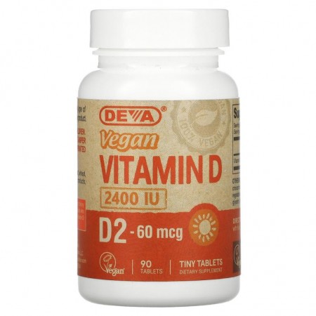 Deva, 비건 비타민D, D2, 60mcg(2,400IU) 90정
