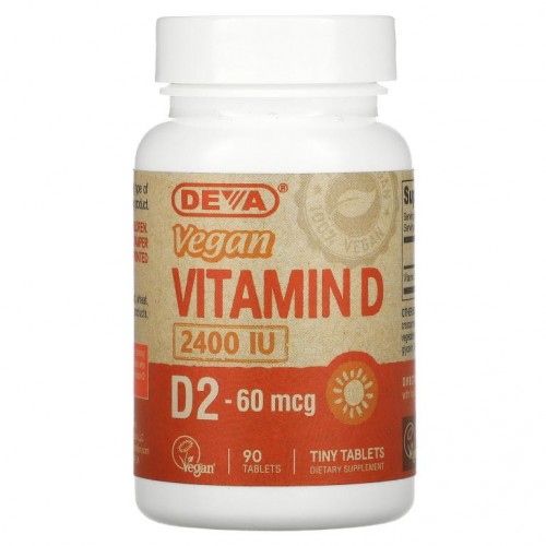 Deva, 비건 비타민D, D2, 60mcg(2,400IU) 90정