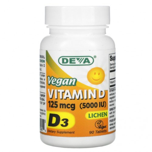 Deva, 비건 비타민D, D3, 125mcg(5,000IU), 90정