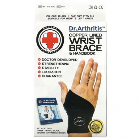 Doctor Arthritis, Copper Lined Wrist Brace & Handbook, Black, 1 Count