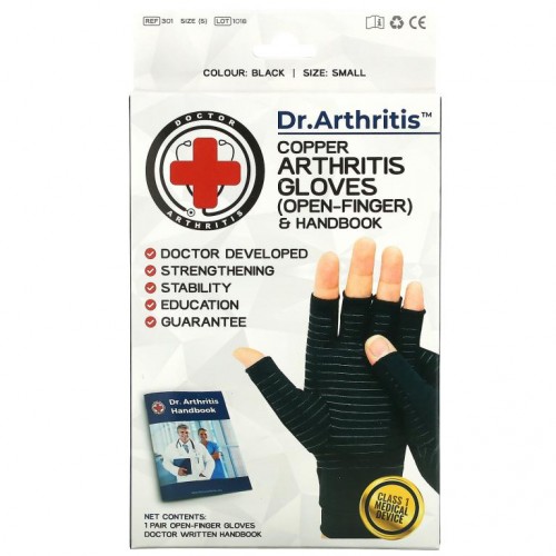 Doctor Arthritis, Copper Open-Finger Arthritis Gloves & Handbook, Small, Black, 1 Pair