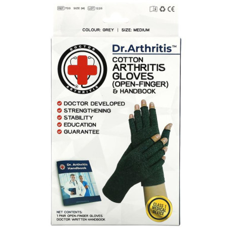 Doctor Arthritis, Cotton Open-Finger Arthritis Gloves & Handbook, Medium, Grey, 1 Pair