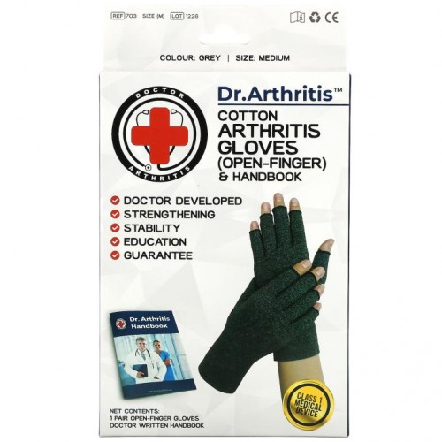Doctor Arthritis, Cotton Open-Finger Arthritis Gloves & Handbook, Medium, Grey, 1 Pair