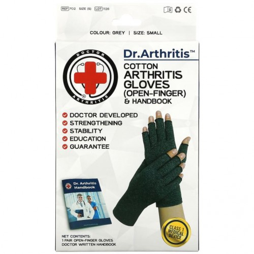 Doctor Arthritis, Cotton Open-Finger Arthritis Gloves & Handbook, Small, Grey, 1 Pair
