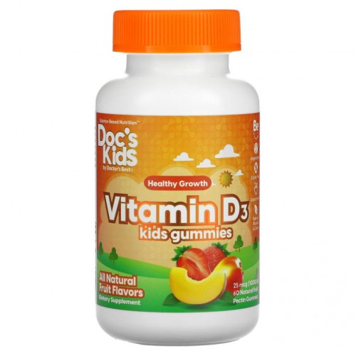 Doctor's Best, 닥터스 키즈, 비타민D3 구미젤리, 100% 천연 과일 맛, 25mcg(1,000IU), 천연 과일 펙틴 구미젤리 60개