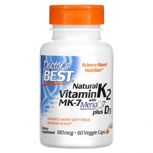Doctor's Best, MenaQ7 및 비타민D3 함유 천연 비타민K2 MK-7, 180mcg, 베지 캡슐 60정