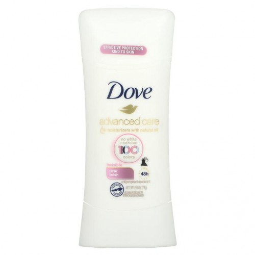 Dove, 어드밴스드 케어, 투명, 땀 억제 데오드란트, 깔끔한 마무리, 2.6oz(74g)