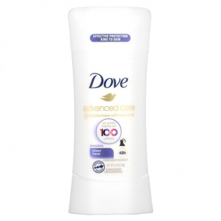 Dove, 어드밴스드 케어, 투명, 땀 억제 데오드란트, 쉬어 프레쉬, 2.6oz(74g)