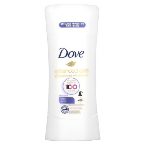 Dove, 어드밴스드 케어, 투명, 땀 억제 데오드란트, 쉬어 프레쉬, 2.6oz(74g)
