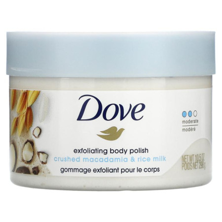 Dove, 각질 제거 바디 폴리시, 으깬 마카다미아 및 라이스 밀크, 298g(10.5oz)