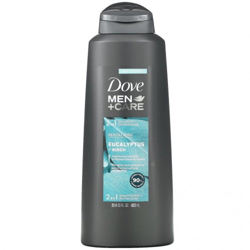 Dove, Men+Care, 2 In 1 샴푸 + 컨디셔너, 활력 제공, 유칼립투스 + 자작나무, 603ml(20.4fl oz)