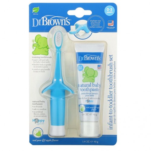 Dr. Brown's, Infant to Toddler Toothbrush Set, 0-3 Years, Blue, Real Pear & Apple Flavor, 2 Piece Set