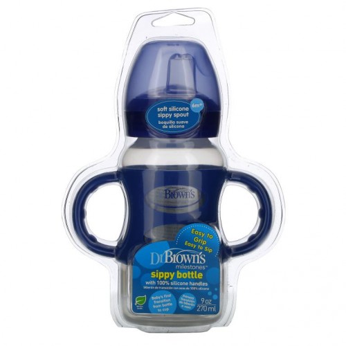 Dr. Brown's, Milestones, 빨아먹는 병, 6개월 이상, 블루, 270ml(9oz)