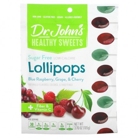 Dr. John's Healthy Sweets, 롤리팝, 섬유소 & 비타민C 함유, 블루 라즈베리, 포도, 체리, 무설탕, 105g(3.7oz)