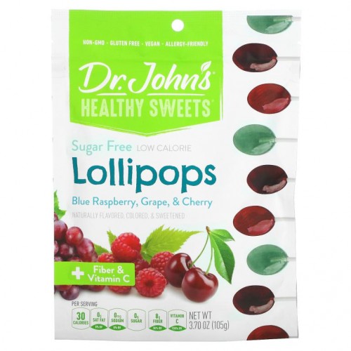 Dr. John's Healthy Sweets, 롤리팝, 섬유소 & 비타민C 함유, 블루 라즈베리, 포도, 체리, 무설탕, 105g(3.7oz)