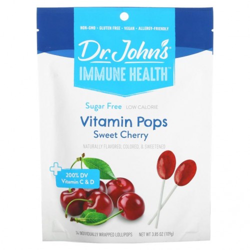 Dr. John's Healthy Sweets, Immune Health, Vitamin Pops, + 200% DV Vitamin C & D, Sweet Cherry, Sugar Free, 14 Individually Wrapped Lollipops, 3.85 oz (109 g)