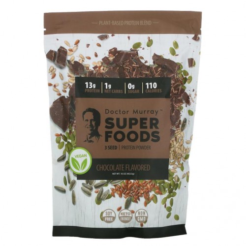 Dr. Murray's, 슈퍼 푸드, 3가지 씨앗 프로틴 파우더, 초콜릿 맛, 453.5g(16oz)
