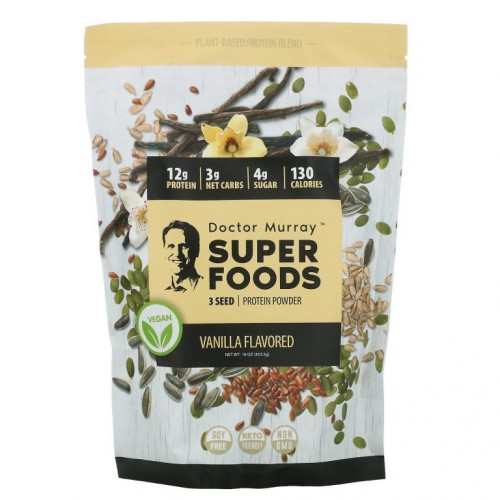 Dr. Murray's, 슈퍼 푸드, 3가지 씨앗 프로틴 파우더, 바닐라, 453.5g(16oz)