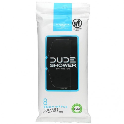 Dude Products, Shower Wipes, On-The-Go, Fragrance Free, 8 Body Wipes