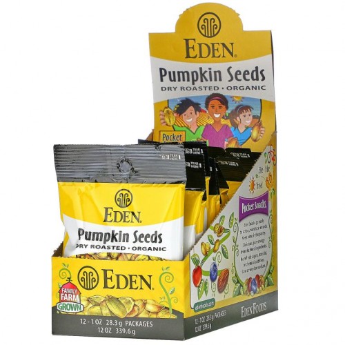 Eden Foods, 포켓 스낵, 유기농 호박씨, 기름 없이 볶은 제품, 12팩, 팩당 28.3g(1oz)