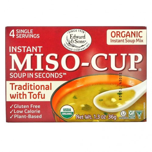 Edward & Sons, 인스턴스 Miso-Cup, 두부가 첨가된 전통 스타일, 개별 포장 4인분, 36g(1.3oz)
