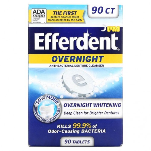 Efferdent, Anti-Bacterial Denture Cleanser, Overnight Whitening, 90 Tablets