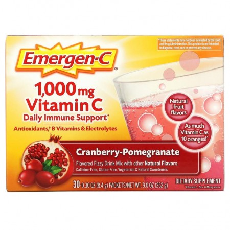 Emergen-C, 비타민C, 향료 첨가된 발포 드링크 믹스, 크랜베리-석류 맛, 1,000mg, 30팩, 개당 8.4g(0.30oz)