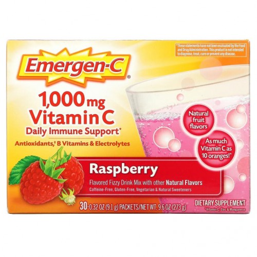 Emergen-C, 비타민 C, 맛이 첨가된 탄산 드링크 믹스, 라즈베리, 1,000 mg, 30 봉지, 각 9.1 g(0.32 oz)
