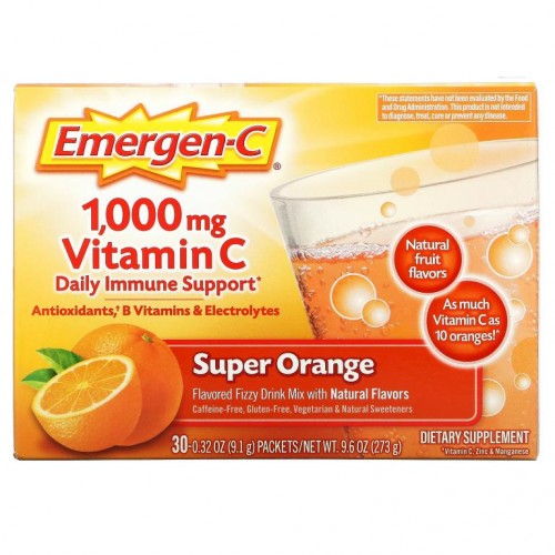 Emergen-C, 비타민C, 향료 첨가된 발포 드링크 믹스, 슈퍼 오렌지 맛, 1,000mg, 30팩, 개당 9.1g(0.32oz)