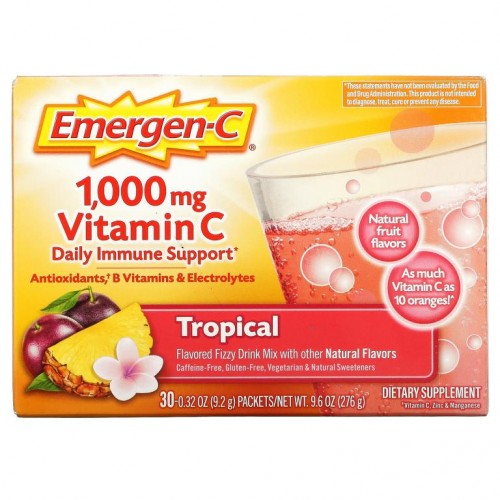 Emergen-C, 비타민C, 향료 첨가 탄산 드링크 믹스, 트로피컬 맛, 1,000mg, 30팩, 개당 9.2g(0.32oz)