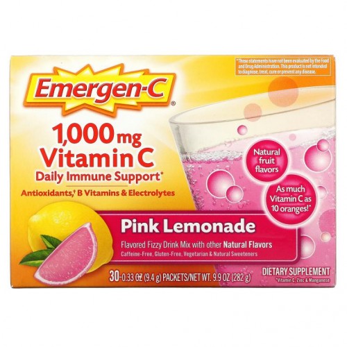 Emergen-C, 비타민C, 향료 첨가된 발포 드링크 믹스, 핑크 레모네이드 맛, 1,000mg, 30팩, 9.4g(0.33oz)