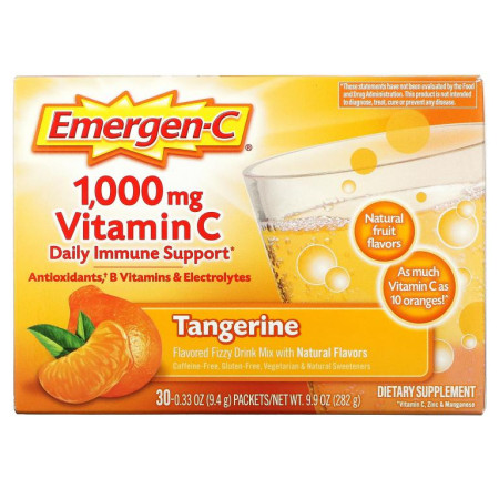 Emergen-C, 비타민C, 향료 첨가된 발포 드링크 믹스, 귤 맛, 1,000mg, 30팩, 개당 9.4g(0.33oz)