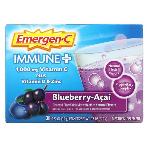 Emergen-C, Immune +, Vitamin C Plus Vitamin D & Zinc, Blueberry-Acai, 1,000 mg, 30 Packets, 0.32 oz (9.0 g) Each
