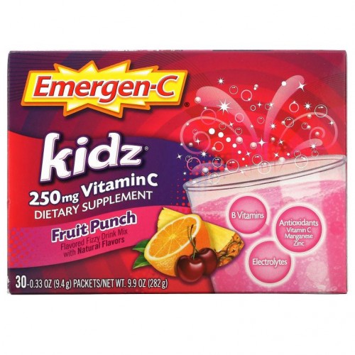 Emergen-C, Kidz, 비타민C, 향료 첨가된 발포 드링크 믹스, 과일 펀치 맛, 250mg, 30팩, 개당 9.4g(0.33oz)