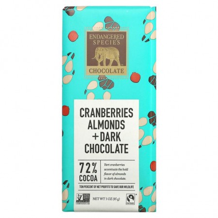 Endangered Species Chocolate, Cranberries, Almonds + Dark Chocolate, 72% Cocoa, 3 oz (85 g)