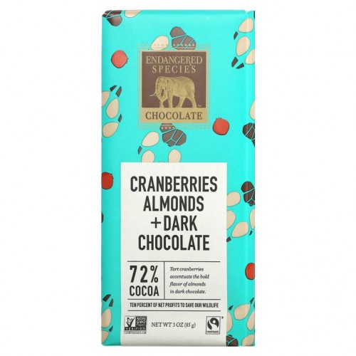 Endangered Species Chocolate, Cranberries, Almonds + Dark Chocolate, 72% Cocoa, 3 oz (85 g)