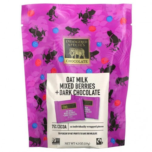 Endangered Species Chocolate, Oat Milk Mixed Berries + Dark Chocolate, 75% Cocoa, 12 Individually Wrapped Pieces