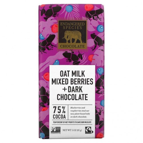 Endangered Species Chocolate, Oat Milk Mixed Berries + Dark Chocolate, 75% Cocoa, 3 oz (85 g)