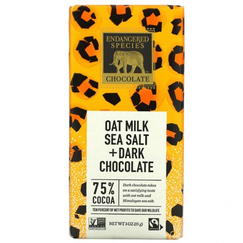 Endangered Species Chocolate, Oat Milk Sea Salt + Dark Chocolate, 75% Cocoa, 3 oz (85 g)