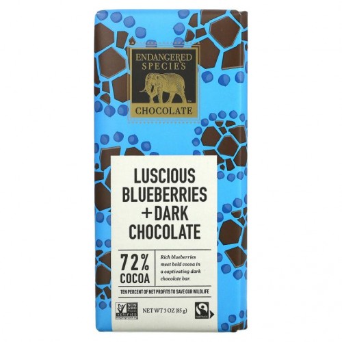 Endangered Species Chocolate, 달콤한 블루베리 + 다크 초콜릿, 코코아 72%, 85g(3oz)