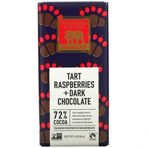Endangered Species Chocolate, 타트 라즈베리 + 다크 초콜릿 바, 코코아 72%, 85g(3oz)