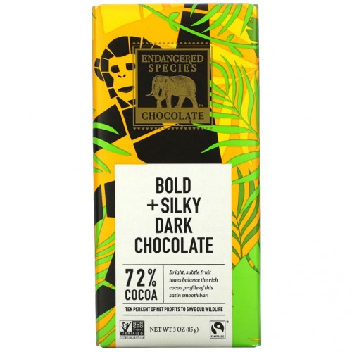 Endangered Species Chocolate, 볼드 + 실키 다크 초콜릿, 코코아 72%, 85g(3oz)