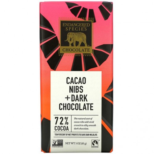 Endangered Species Chocolate, 카카오 닙스 + 다크 초콜릿, 코코아 72%, 85g(3oz)